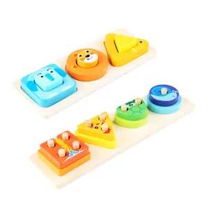 Jeu educatif en bois de tri de formes geometriques et blocs a empiler pour enfants.
