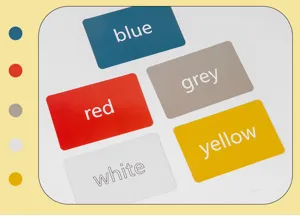 Kids color cognitive flashcards detail, blue red grey white yellow cards for early edu.