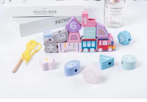 Wooden train number threading blocks toy for toddlers, early education shape color learning.