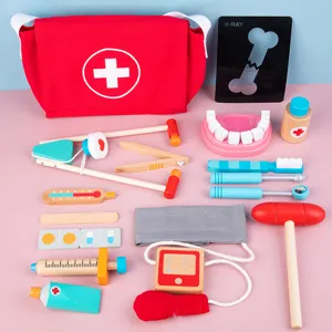 Wooden doctor play set for kids, wooden medical toy kit with bag and dentist tools.