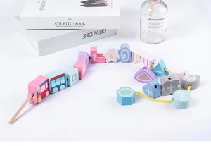 Wooden train beading toy detail, colorful numbers and shapes blocks for early educational learning.