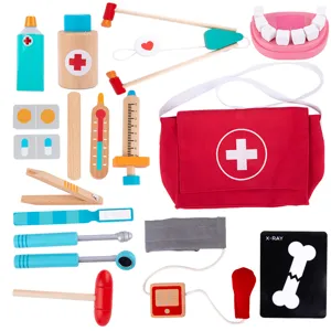 Wooden doctor play set for kids, pretend medical kit toys with stethoscope and bag.