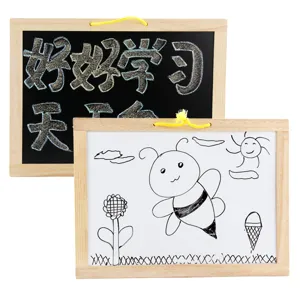 Wooden hanging drawing board for kids, double-sided blackboard and whiteboard with doodles.