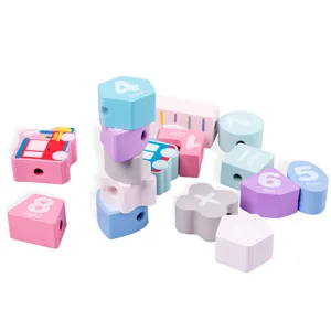 Wooden train digital stringing blocks for toddlers, baby color shape early education toy