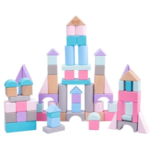 Beechwood pastel building blocks set, colorful geometric wooden castle construction toys.
