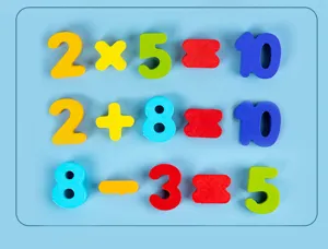 Closeup detail view of colorful wooden digital math puzzle blocks, early education toys.