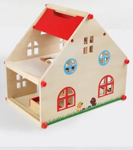 Ξύλινο σπίτι κούκλας παιχνίδι για παιδιά DIY βίλα παιχνιδιού με λεπτομέρειες όψη.