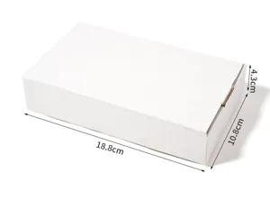 White rectangular paper box detail presentation, showing precise dimensions and clean design.