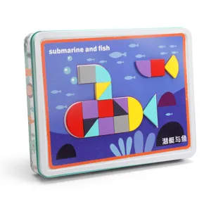 Magnetic wooden geometric shape puzzle toy in tin box for kids early education and logic skills.