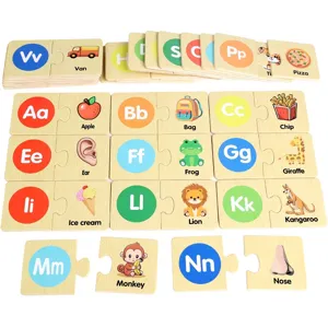 Wooden alphabet puzzle for kids, early learning matching toy with letters and words.