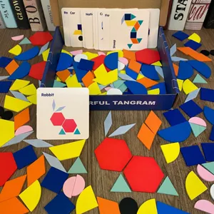 Wooden geometric tangram puzzle set educational toy for kids learning shapes and colors blocks.