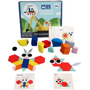 Kids colorful tangram puzzle educational toy set with geometric shapes and cards for learning.