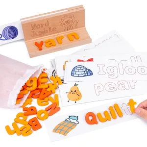 Wooden alphabet spelling puzzle toy set for kids, early learning English word flash cards.
