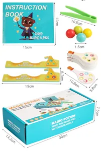 Gedetailleerd overzicht van het houten kralenspel met afmetingen en accessoires voor kinderen.