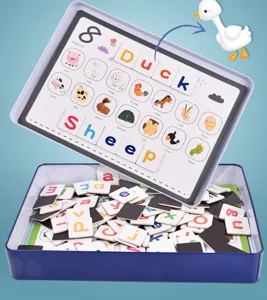 Children's magnetic alphabet spelling game toy in iron box with animal vocabulary cards.