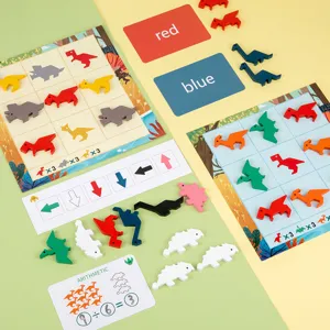 Kids dinosaur math thinking educational wooden puzzle game toy set top flat lay view