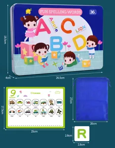 Detailed view of kids magnetic spelling puzzle toy set with tin box, cards and storage bag.