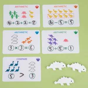 Educational dinosaur math flash cards and wooden blocks set for kids early learning.