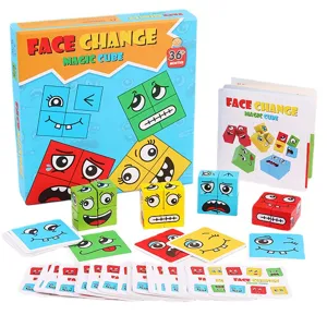 Cubo mágico de madera cambio de cara puzzle para niños, juguete de mesa interactivo vista principal.