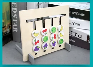Wooden fruit sliding logic puzzle toy for kids, montessori educational matching game.