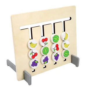 Wooden kids logic game toy with sliding fruit pattern round blocks on stand main view