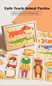 Wooden animal puzzle set for early education, featuring colorful cartoon animal pieces and wooden tray.