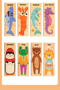Close-up details of wooden animal puzzle blocks featuring cute cartoon designs and english words.