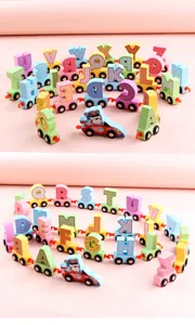 Wooden alphabet number train toy set, colorful educational building blocks for kids learning.