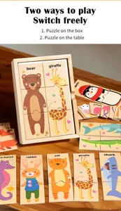 Wooden animal puzzle toy for kids early education, two play ways with wooden storage box.