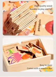 Kids wooden animal puzzle matching game educational toy with storage box detail view.