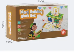 Wooden word building block box detail view, educational toy packaging showing dimensions.