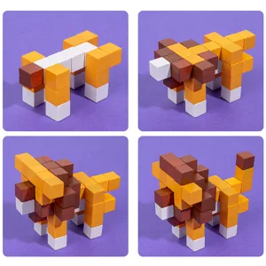 Educational wooden block puzzle toy for kids creative 3D pixel animal building playset