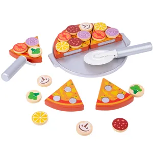 Ensemble de jouet de pizza en bois à couper avec velcro, plateau et accessoires pour enfants.