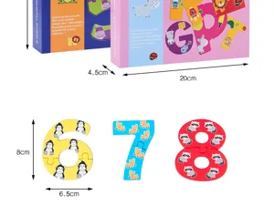 Wooden number puzzle toy detail view, colorful animal pattern numbers for early education kids.