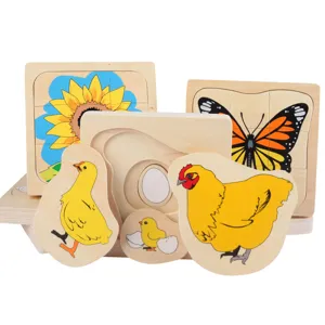 Montessori wooden multi-layer puzzle toy for kids, animal and plant growth cycle learning board.