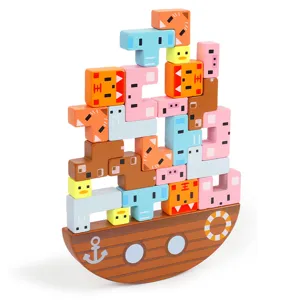 Wooden balance boat stacking puzzle toy for kids early educational learning tabletop game