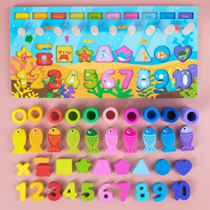 Children wooden educational multi-functional logarithmic board toy number puzzle fishing game