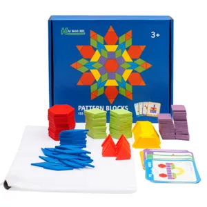 Kids wooden pattern blocks educational geometric puzzle toy set with 155 pieces and cards.