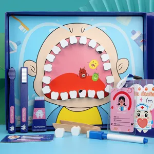 Set di giocattoli da dentista in legno per bambini con modello di denti e strumenti medici.