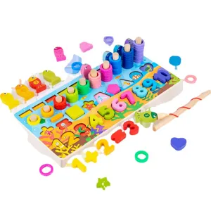 Wooden Montessori educational toy featuring numbers shapes counting rings and magnetic fishing.