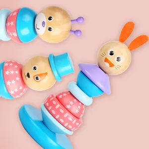 Wooden animal stacking tower tumbler toy, cute rabbit and bear design for baby educational play.