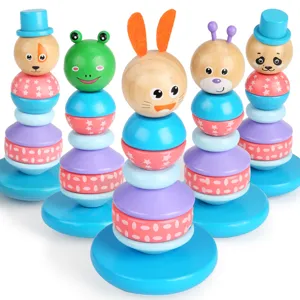 Wooden animal stacking toy, educational baby wobble tower, colorful kindergarten puzzle gift.