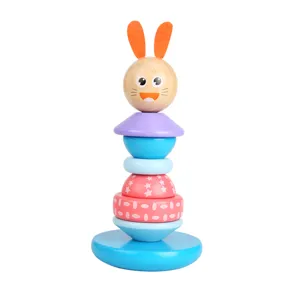Wooden stacking toy for toddlers, colorful educational wood stacker with cute animal design.