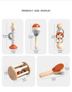 Wooden baby musical instrument toys set, early education Orff rattles with size display details.