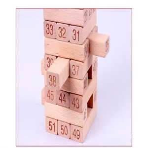 Dettaglio di blocchi di gioco in legno impilabili con pezzi numerati in legno di faggio.