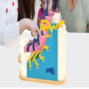Wooden Montessori Lacing Shoe Toy Early Education Learning Life Skills Kids Game Detail