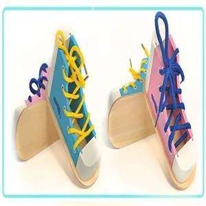Wooden lacing shoe toy detail, Montessori early education learning toy for kids children.