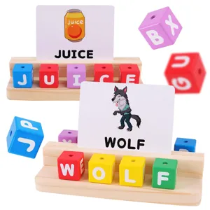 Wooden alphabet spelling puzzle game toy for kids, colorful letter blocks with picture flashcards.