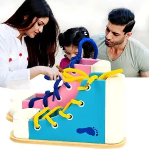 Wooden Montessori lacing shoe toy for toddlers, early learning fine motor skills game.