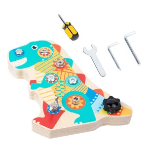 Montessori Wooden Dinosaur Busy Board Screw Nut Toy with Tools for Kids Early Learning